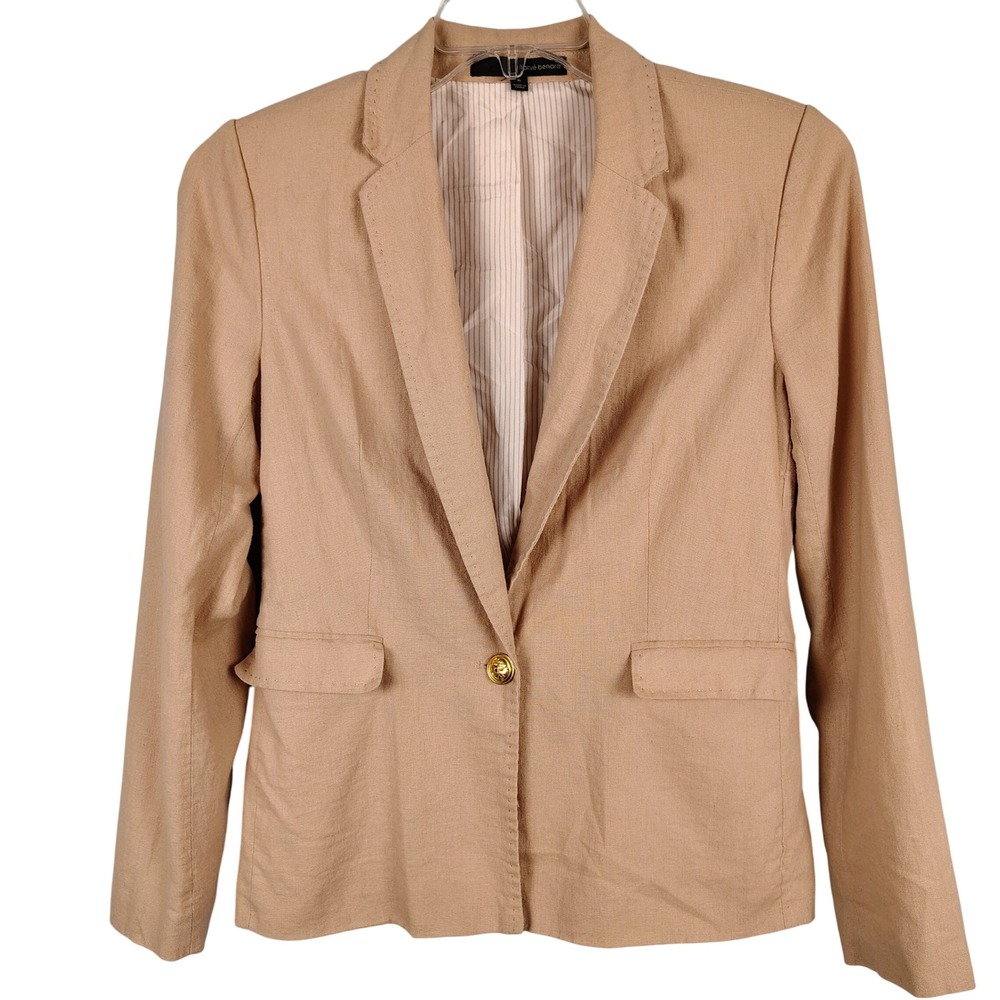 Harve Benard Womens‎ SZ 6 Linen Blend Blazer Tan Gold Button Light Academia